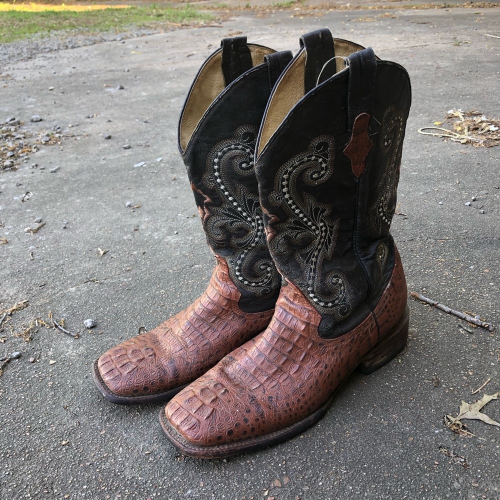 Ferrini Two-Tone Brown Croc-Textured Foot Black Embroidered Shaft Cowboy Boots